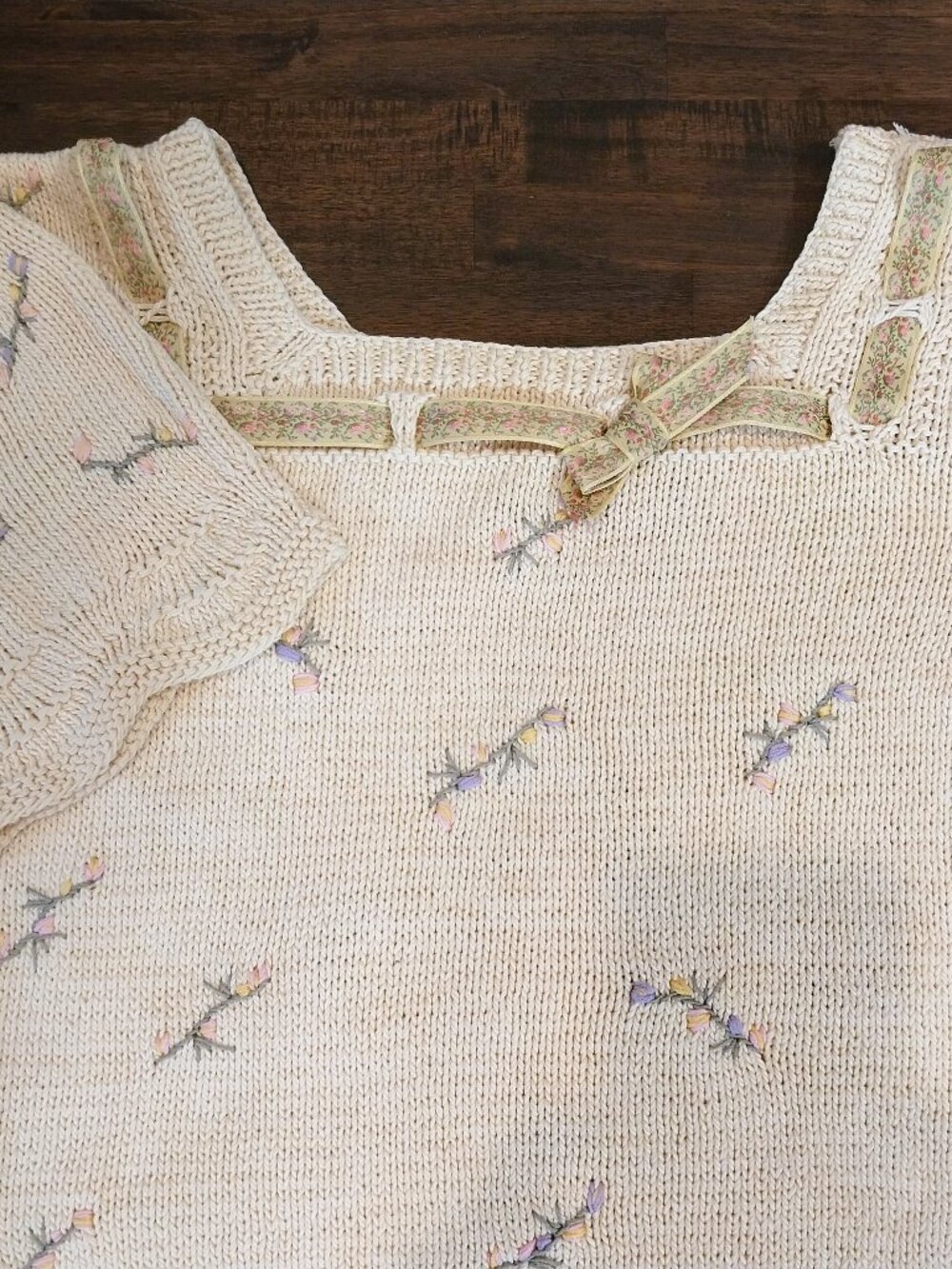 Vintage Berek Hand Knitted Crop Top Embroidered Floral Womens M Beige Embroidery